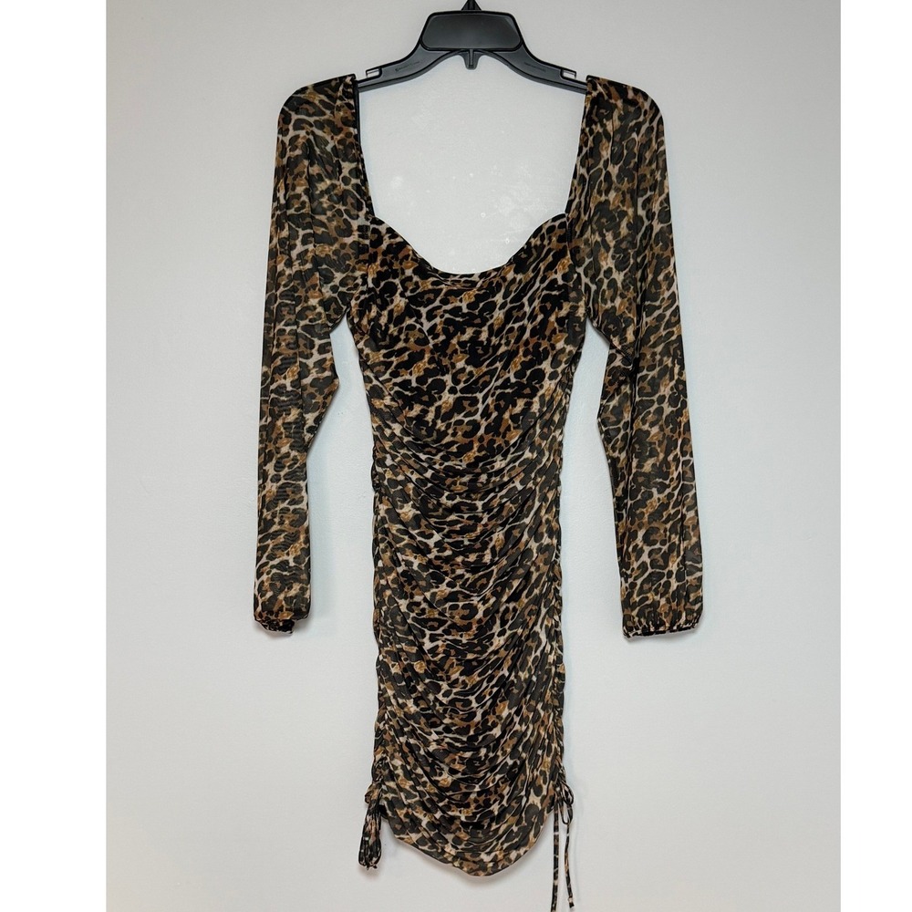 Jump Apparel Leopard Print Ruched Long Sleeve Bodycon Mini Holiday Homecoming M